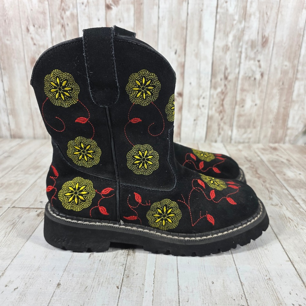 Roper Womens Black Suede Floral Embroidered Lug Sole Western Boots 21-531-098 7